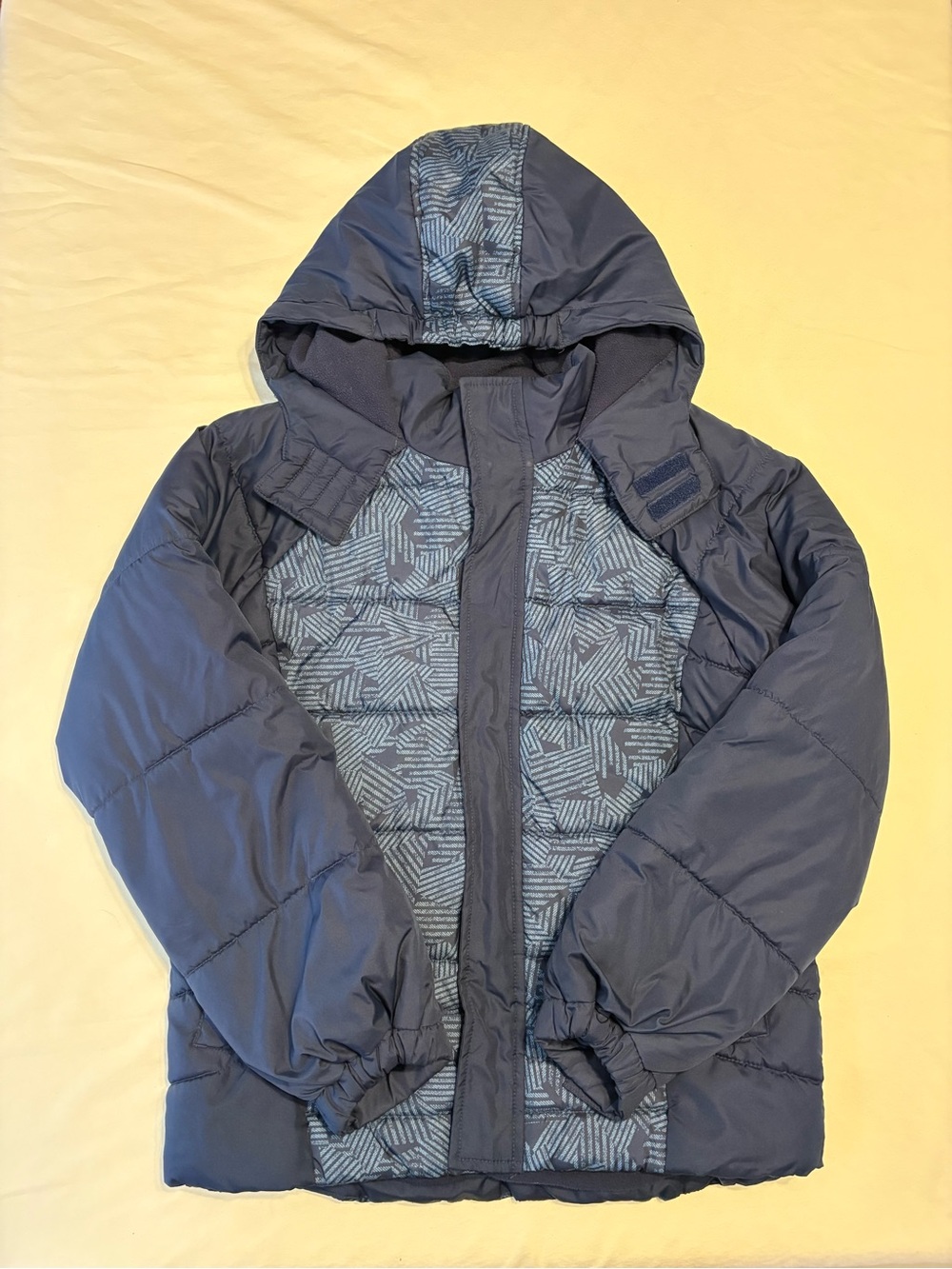 Arizona Jean Company Kids Navy Blue Hooded Puffer Jacket with Patterned Front